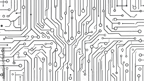 Black and White Abstract Circuit Board Lines and Circles on White technology pattern