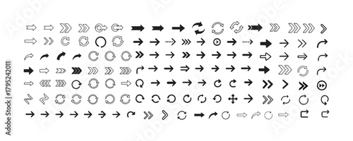 Collection of different style arrow vector set orientation sign elements for user interface and design