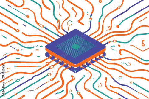 Central Processor Unit With Orange Blue And Green Wires On White Background computer chip