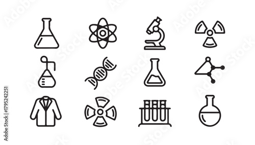 Science icons set lab coats molecule dna microscope and lab glassware with liquid flat style isolated