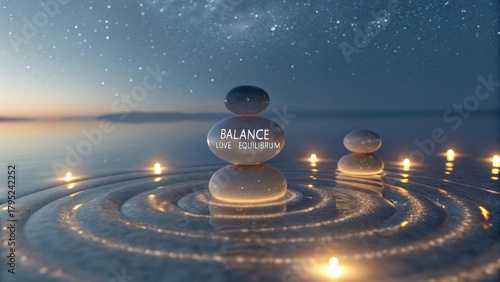 Zen stones stacked for balance surrounded by water and glowing lights