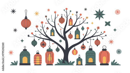 Lantern Tree Illustration: A whimsical illustration of a stylized tree adorned with decorative lanterns. This charming artwork captures a sense of festivity and delight.