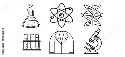 Outline Science Icons Collection For Lab Research With Scientific Equipment And Microscope
