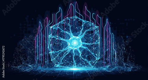 A captivating digital depiction of a neuron, showcasing its intricate structure and electrical activity in a vibrant, futuristic style.