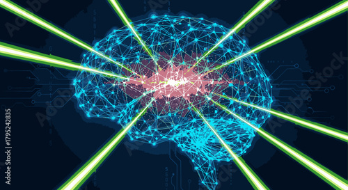 Abstract digital illustration of a glowing human brain with interconnected neural pathways and radiating green energy beams.