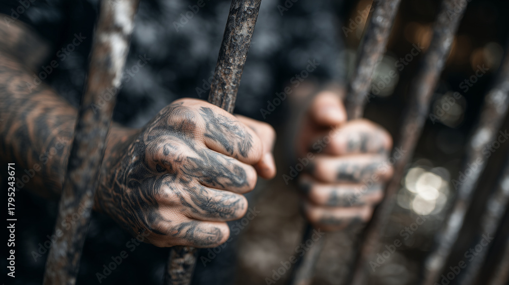 Obraz premium Manâs hands with detailed tattoos extending through vertical bars, his body concealed in shadow, background blurred, evoking confinement and tension