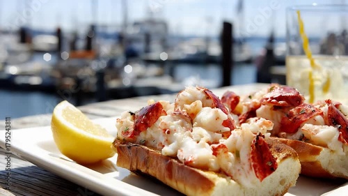 Delicious Lobster Rolls Served on a White Plate with Lemon and Marina View.