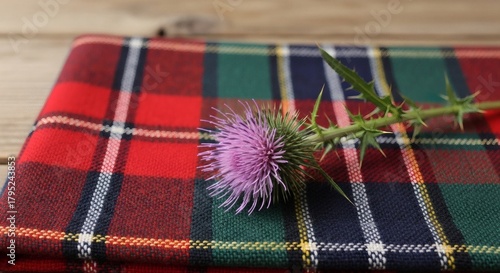 A scottish thistle flower resting on a red, green, and blue tartan fabric for St. andrew's day