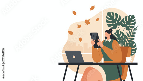 Cozy fall remote work Woman using smartphone at home office desk with laptop plants and falling leaves