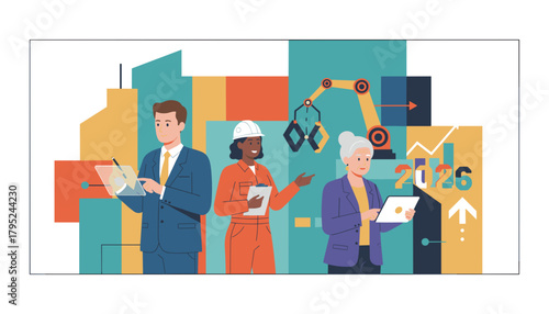 Diverse team using tech for business strategy industry and future planning