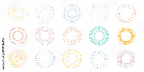Collection of fifteen abstract circular sunburst and starburst designs in various pastel watercolor colors