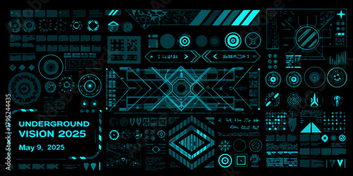 Futuristic neon blue digital interface displaying underground vision 2025 data and graphics