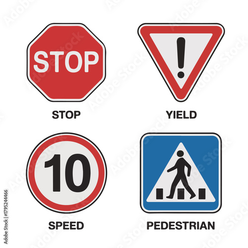 Traffic sign icons for road safety and regulations on