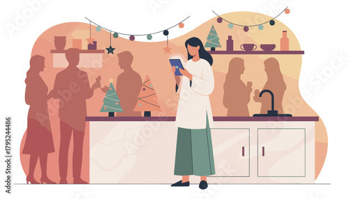 Solo woman using phone during Christmas party Social isolation concept illustration