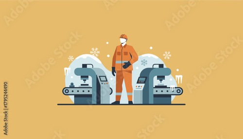 Worker operating machinery in a cold snowy industrial manufacturing environment Vector illustration