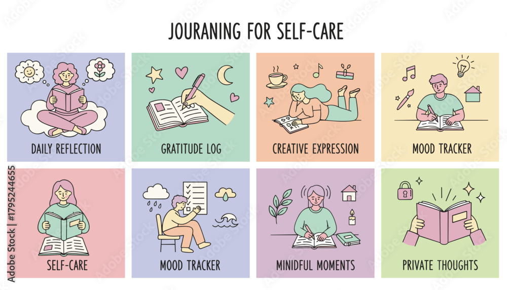 Fototapeta premium Doodle vector icons of journaling activities for mental wellness and selfcare practices