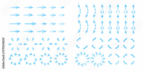 Collection of blue watercolor arrows in various styles and directions for design and illustration
