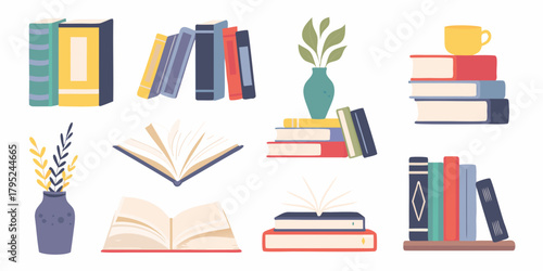 Collection of flat design books and vases with plants and a coffee cup