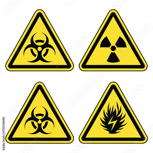 Four yellow triangular warning signs with biohazard radiation and electrical hazard symbols shown