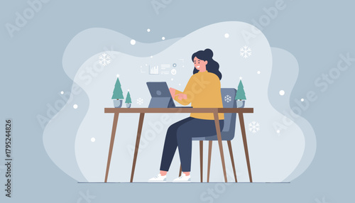 Woman working remotely on a tablet in a cozy winter setting with holiday decorations