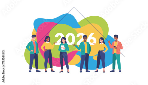 Diverse team planning and celebrating the future year 2026 Business goals and success concept