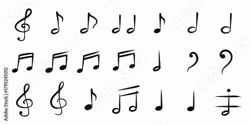 Collection of hand drawn black music notes and symbols on a white background
