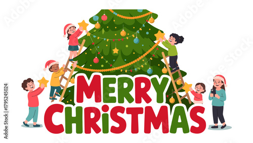 Christmas Magic: Joyful children decorate a vibrant Christmas tree with twinkling lights and shining ornaments, their faces alight with the spirit of the season.