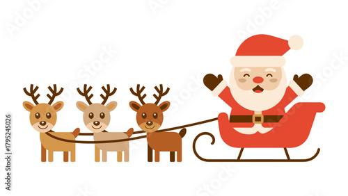 Santa's Festive Ride: A joyful Santa Claus waves from his vibrant sleigh, pulled by three cheerful reindeer. A delightful scene of holiday spirit.