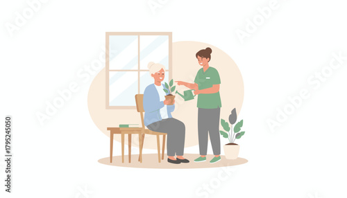 Caretaker helps a smiling senior woman water a houseplant indoors Home healthcare and companionship concept