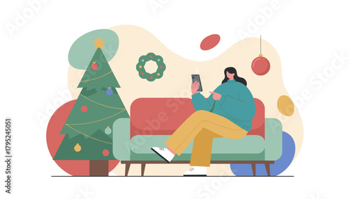 Woman using phone on a cozy sofa next to a Christmas tree Festive digital connection