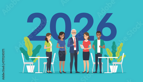 Diverse business team embracing 2026 goals teamwork future and corporate planning