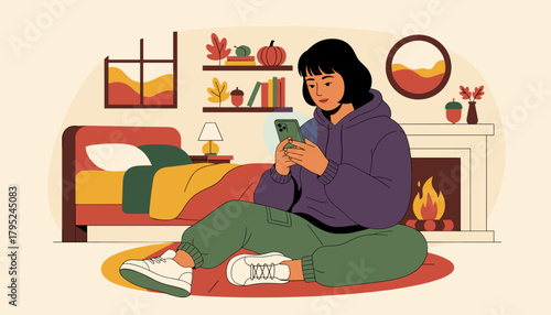 Cozy autumn scene Young woman relaxing by the fireplace using her phone
