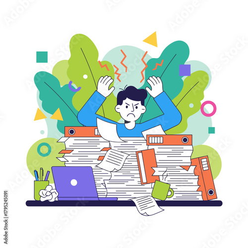 Frustrated employee buried in piles of documents and binders illustrating work overload and stress