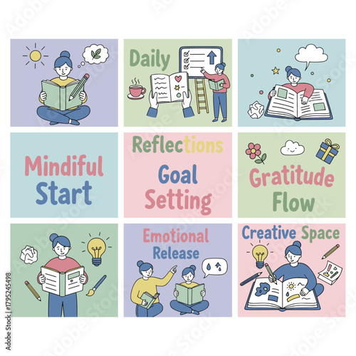 Journaling concepts illustration daily reflection goal setting gratitude and emotional release for selfcare