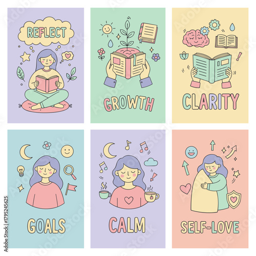 Selfcare doodle poster set reflect growth clarity goals calm and selflove concepts