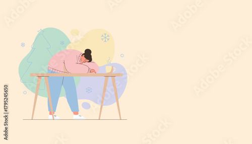 Exhausted woman sleeping on a desk during winter holidays Seasonal fatigue and burnout concept