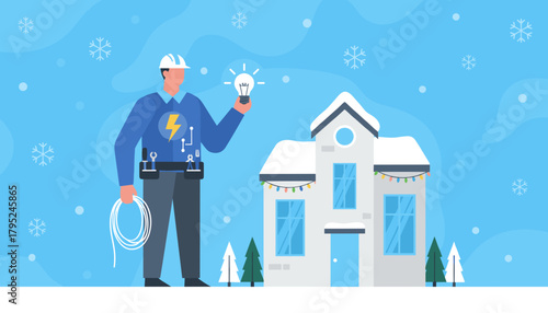 Professional electrician repairing holiday lights on a snowy winter house