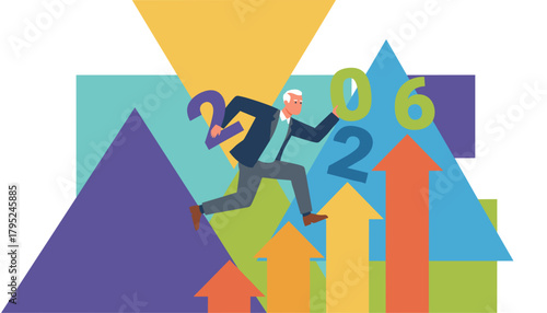 Businessman running toward 2026 success stepping on financial growth arrows