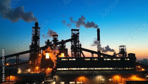 Steel mill exterior at dusk with industrial lights