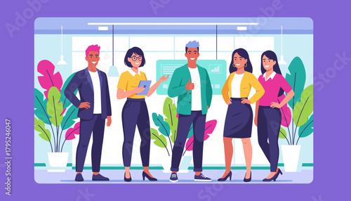 Successful diverse business team smiling confidently in a modern collaborative office environment Vector illustration