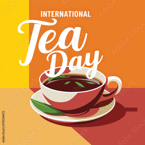 International tea day celebration with a steaming cup of tea and saucer, featuring bold typography and a warm color palette, perfect for promoting global tea culture and events