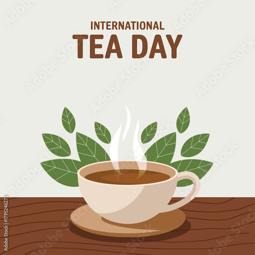 A minimalist illustration for international tea day, showcasing a steaming cup of tea with green leaves and simple text against a neutral background, ideal for digital and print media