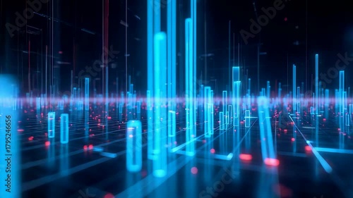 Glowing Blue Digital Bar Graph with Rising and Falling Light Columns on Dark Grid Background