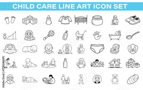 Child Care Line Art Vector Icon Set – Minimalist Baby, Kids, Parenting and Nursery Outline Icons for Professional Use