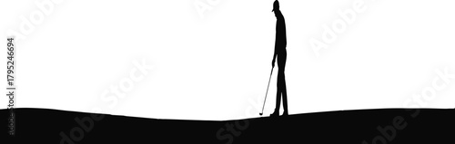 Silhouette golfer putting on calm landscape, minimal black and white sports scene, serene outdoor activity concept for design use