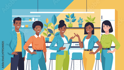 Diverse team smiling in modern office breakroom Inclusion and collaboration