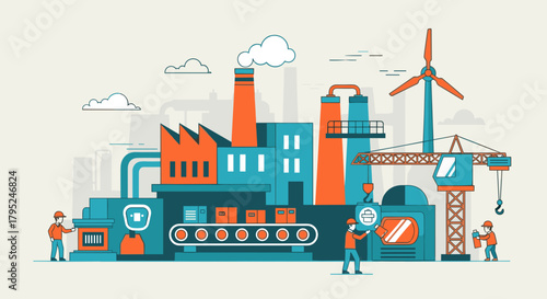 Manufacturing factory assembly line illustration with workers crane and wind power Industrial production concept