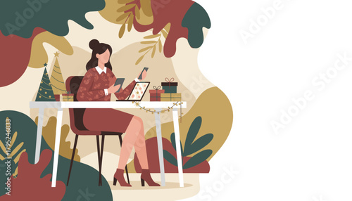 Busy woman uses phone and laptop for work or holiday shopping amidst festive Christmas decoration
