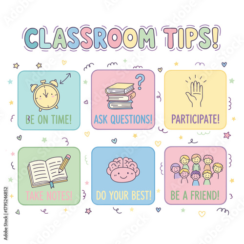Adorable vector infographic showing six essential classroom tips for students and teachers
