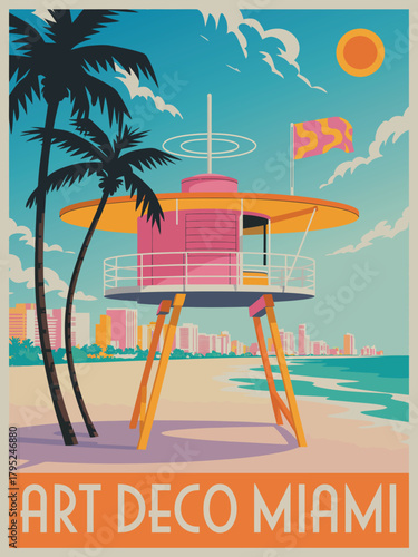 Sunny day in miami, USA, handmade drawing vector illustration, featuring vibrant art deco buildings, palm trees, coastal streets, and warm tropical atmosphere for stylish vintage travel artwork.